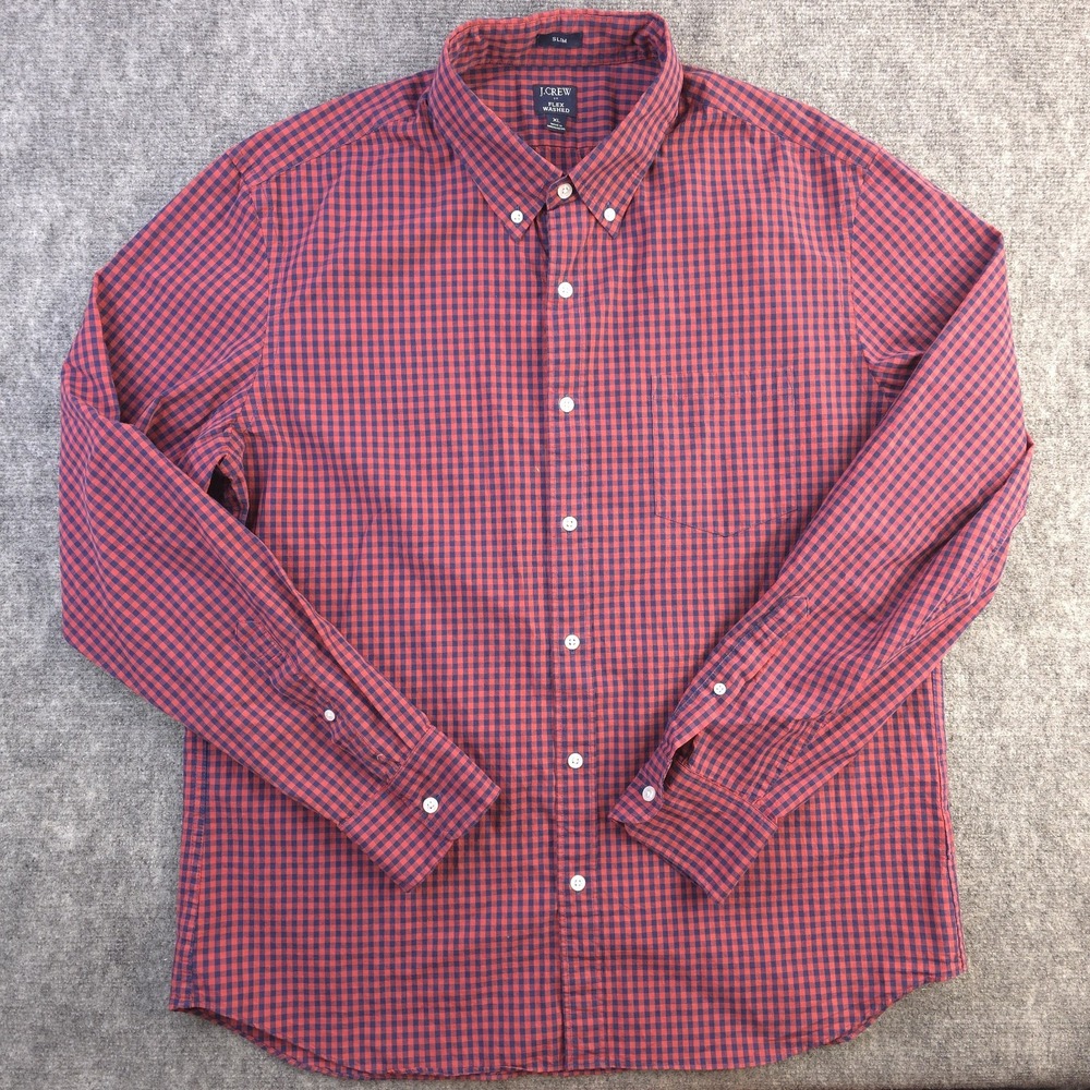 J Crew Flex‎ Washed Shirt XL Slim Fit Red Blue Check Long Sleeve Button Down